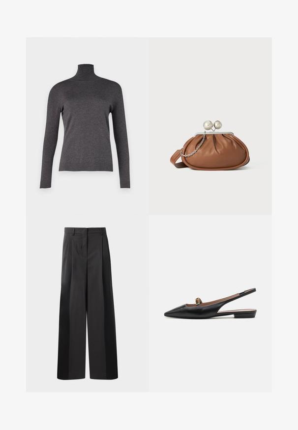 WEEKEND MaxMara KIKU - Jersey de punto - grigio scuro; Pantalones de pierna ancha negros con cintura alta, que presentan pliegues en la parte delantera, una textura suave y un acabado a medida. Diseñados para un ajuste relajado.; Zapato negro de piel tipo slingback con punta afilada, pequeño detalle dorado cerca del tacón y suela plana. Textura suave y diseño minimalista.; Bolso de mano de cuero marrón con cierre de bola plateada y un pequeño detalle de cadena plateada sobre un fondo blanco.