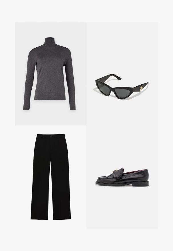 WEEKEND MaxMara KIKU - Pulóver - grigio scuro; Fekete, magasan ülepelt, bő szárú nadrág sima anyagból, lapos elejű, gombos záródással, látható zsebek nélkül.; Fekete bőr loaferek varrott mintával, sima textúrával, arany csattal és kerek orral, alacsony fekete talpon.; Macska szemformájú napszemüveg matt fekete műanyag kerettel, sötét lencsékkel és arany logóval a szárán. Szögletes kialakítás és sima felület.