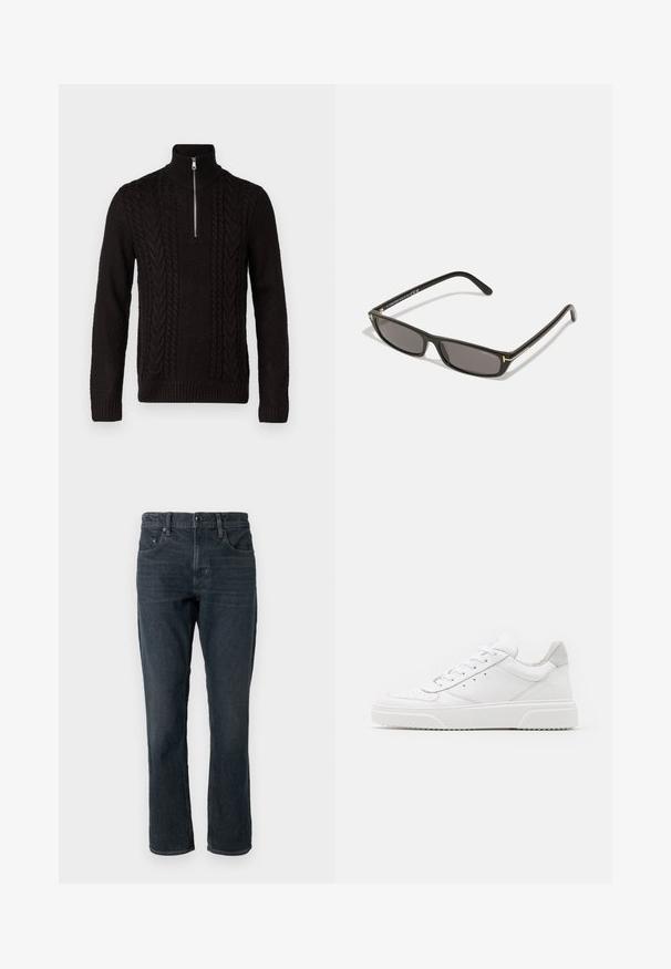 Pull en maille noir avec col haut et demi-fermeture éclair. Présente des motifs en maille torsadée texturée et des poignets et un ourlet côtelés.; Jean en denim bleu foncé avec une coupe droite, design à cinq poches et fermeture à bouton. Présente un léger dégradé et des surpiqûres contrastées.; Des baskets en cuir blanc avec une finition lisse, un bout rond, des lacets plats et une semelle texturée. Accents en daim gris au niveau du talon.; Lunettes de soleil noires rectangulaires avec des verres sombres. Monture en plastique avec une finition mate. Accents dorés sur les branches et logo de marque.