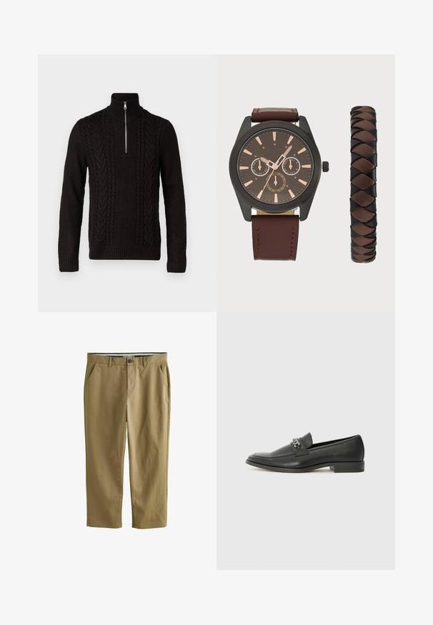 Pull en maille noir avec col haut et demi-fermeture éclair. Présente des motifs en maille torsadée texturée et des poignets et un ourlet côtelés.; Chinos kaki en mélange de coton, dotés de deux poches latérales, d'une fermeture à bouton, de jambes droites et d'une texture lisse.; Mocassin en cuir noir avec une finition lisse, présentant un design cousu et une accent décoratif en chaîne métallique sur le rand. Talon plat.; Pier One SET - Montre - black/brown; Pier One SET - Montre - black/brown; Pier One SET - Montre - black/brown