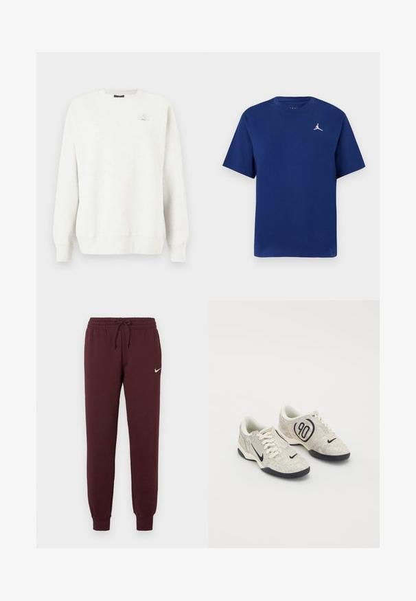 Světle šedá mikina s kulatým výstřihem, vroubkovanými manžetami a lemem. Na hrudi má malou nášivku s logem. Měkká, textura tkanina.; Tmavě modré bavlněné tričko s krátkým rukávem, kulatým výstřihem a bílým logem Jumpman na hrudi. Jednoduchý, klasický design.; Bordové tepláky s elastickým pasem a šňůrkou na stažení. Mají žebrované manžety a malé bílé logo Nike na levém stehně. Hladká textura.; Nike tenisky s béžovým a šedým texturovaným svrškem, černými akcenty, velkým logem "90" a bílým šněrováním. Černá podrážka.