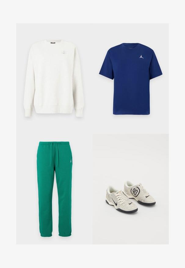 Felpa grigia chiara con girocollo, polsini e orlo ribattuti. Presenta una piccola patch con logo sul petto. Tessuto morbido e texturizzato.; T-shirt in cotone blu navy con maniche corte, colletto a girocollo e logo Jumpman bianco sul petto. Design semplice e classico.; Pantaloni della tuta verdi in misto cotone, con vita elastica e cordino, e una tasca laterale. Design classico a gamba dritta.; Sneakers Nike con una parte superiore testurizzata beige e grigia, dettagli neri, un grande logo "90" e una chiusura con lacci bianchi. Suola nera.