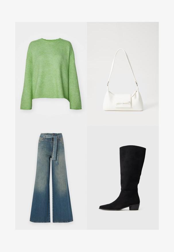Pull vert vif en maille douce, doté d'un col rond, d'une coupe ample et de manches longues avec des poignets côtelés.; Pantalons en denim à jambe large présentant un dégradé de bleu clair à bleu foncé, taille haute, passants de ceinture et une ceinture en tissu assortie. Finition en denim texturé.; Botte noire en daim hauteur genou avec un petit talon bloc et un bout pointu, présentée de profil sur un fond gris clair uni.; Sac à main synthétique blanc en forme triangulaire, avec un rabat avant plat et un détail en nœud, une bandoulière ajustable, une texture lisse et un design minimaliste.