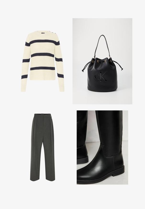 Strickpullover in Creme mit marineblauen horizontalen Streifen; verfügt über einen runden Ausschnitt, lange Ärmel und Knopfakzente an einer Schulter.; Graue Hose mit weitem Bein aus strukturiertem Stoff, ausgestattet mit hoher Taille und vorderen Falten. Das Design beinhaltet einen glatten Bund und keine sichtbaren Verschlüsse.; Schwarze Leder-Stiefel bis zum Knie mit glatter Textur, runder Spitze, minimaler Naht und niedrigem Blockabsatz. Sie haben ein schlankes, eng anliegendes Design.; Schwarze Leder-Eimer-Tasche mit Kordelzugverschluss, ausgestattet mit einem glänzenden "CK"-Logo auf der Vorderseite und goldfarbenen Hardware-Akzenten.