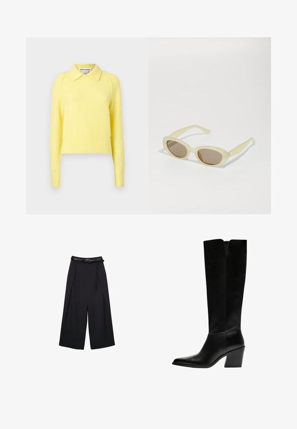 Gulstickad tröja med krage, ribbade muddar och nederdel, med en mjuk textur och en kort klippning. Varumärkeslogotyp synlig på sidan.; Grön bomull t-shirt med korta raglanärmar, med gul tryck som säger "BRASIL 92" och ett märke på vänster bröst.; Svarta vida byxor av slätt tyg, med hög midja och bälteöglor, med veckad frontdetalj och utan synliga mönster.; Svarta knästövlar i släthet läder, med spetsig tå, blockklack och ett V-format urtag högst upp.; Ovala solglasögon med en genomskinlig ljusgul ram och bruna linser. Har en mjuk yta och subtila hårdvaruaccenter på sidorna.