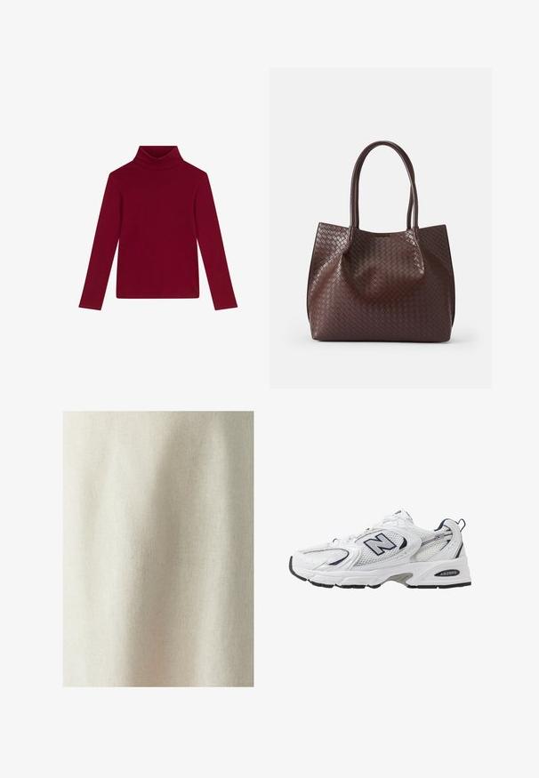 Burgunderfarbenes Rollkragenoberteil mit langen Ärmeln, aus weichem, dehnbarem Stoff; hat ein tailliertes Design und ein kleines Logo-Detail nahe dem Saum.; Helles beige Gewebe mit subtiler Textur und gleichmäßigem Gewebe, das weiche Falten und Knitter zeigt, geeignet für verschiedene textile Anwendungen.; Weißer Sportschuh mit Mesh-Obermaterial, navyblauen Akzenten und gepolsterter Sohle. Verfügt über das "N"-Logo, Schnürsenkel und eine strukturierte Detailverarbeitung an der Seite.; Braune geflochtene Leder-Tasche mit zwei Griffen, die eine strukturierte Oberfläche und ein offenes Design aufweist. Minimalistische Form ohne zusätzliche Beschläge.