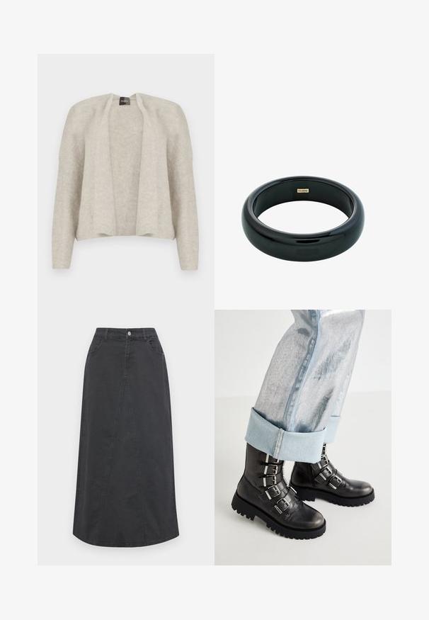 Gaišs pelēks džemperis ar atvērtu priekšpusi, izgatavots no mīksta, teksturēta auduma. Tam ir garas piedurknes un brīvs piegriezums. Nav aizdari.; Melnas denima svārki ar taisnu griezumu, ar priekšējo paneļa detaļu, divām kabatām, jostu cilpām un pogu aizdari jostasvietā.; Melnas ādas potītes zābaki ar pieciem sudraba sprādzes akcentiem, masīva melna zole, kopā ar sarullētām gaiši zili metalizētām džinsiem.; Melnas sveķu aproces ar gludu, spīdīgu virsmu un noapaļotiem malām. Iekšpusē ir neliels zelta "Pilgrim" logo.