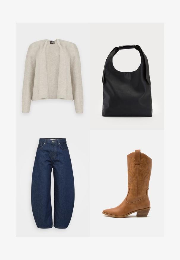 Ανοιχτό γκρι καρντιγκάν με ανοιχτό μπροστινό μέρος, φτιαγμένο από μαλακό, υφασματοποιημένο υλικό. Διαθέτει μακριά μανίκια και χαλαρή εφαρμογή. Χωρίς κλείσιμο.; Ψηλόμεσα σκούρα μπλε τζιν παντελόνια με φαρδιές μπόρες, μπροστινό κουμπί και φερμουάρ, και κλασικό σχέδιο πέντε τσεπών.; Καφέ δερμάτινο καουμπόικο μποτάκι με μυτερή μύτη, κεντημένα σχέδια σε σπειροειδείς γραμμές στον κορμό και σωρό από μπλοκ τακούνι. Διαθέτει λουρί για εύκολη φόρεση.; Μαύρη δερμάτινη τσάντα hobo με μια μόνο, μαλακή, στρογγυλή λαβή; έχει λεία υφή και μινιμαλιστικό σχέδιο. Χωρίς ορατά μεταλλικά στοιχεία ή διακοσμήσεις.; Ασημένιο σκουλαρίκι κρίκος με γυαλιστερή φινίρισμα, που διαθέτει μικρές χρυσές λεπτομέρειες και στρογγυλό σχήμα, φορεμένο στον λοβό.