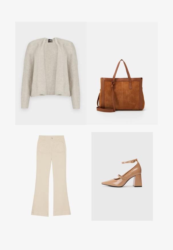 Hele helehall kardigan av avatud eest, valmistatud pehmest, tekstuurilisest kangast. Omab pikki varrukaid ja lõtvadele sobivat lõiget. Ilma kinnitusteta.; Kreemjad flared püksid kõrge vöökoht ega, valmistatud puuvillast. Omavad ees- ja tagap pockets, vöö loops ja ühte hõbedast nuppu.; Beež patendi nahast kõrged kontsad terava nina, pahkluu rihmaga ja paksu ruudukujulise kontsaga. Sile tekstuur ja läikiv viimistlus.; Pruunist nahast käekotist, millel on nahast detailid, kaks kätet, eemaldatav õlapael ja lihtne, struktureeritud disain.