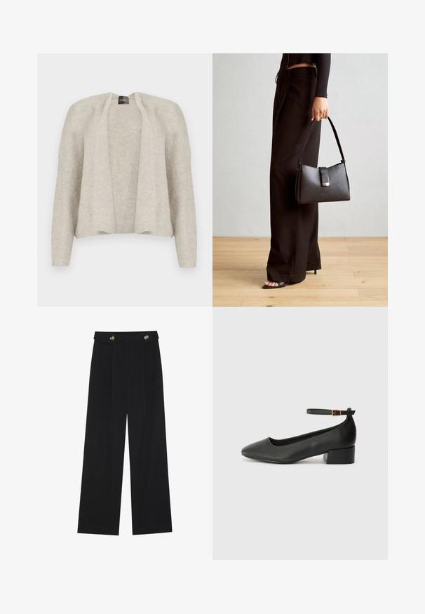 Light gray cardigan with an open front, made of a soft, textured fabric. Features long sleeves and a relaxed fit. No fastenings.; Black wide-leg trousers with high waist, button details on waistband, and front pleats.; Black leather pump with a pointed toe and a low block heel. Features an ankle strap with a gold-tone buckle. Smooth texture.; Black handbag with structured shape, smooth texture, and a metallic clasp. Paired with wide black pants and open-toe sandals on wooden floor.