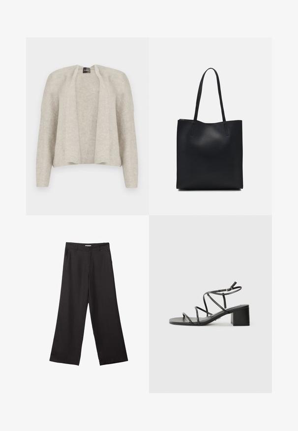 Svetlo siva kardigan jakna z odprtim sprednjim delom, izdelana iz mehke, teksturirane tkanine. Ima dolge rokave in sproščen kroj. Brez zaklepov.; Črne široke hlače iz gladkega materiala, z sprednjim zadrgo in dvema stranskima žepoma, s prilagojenim krojem in minimalističnim dizajnom.; Črne strapne sandale s kvadratnim nosom in debelim petnim delom, izdelane iz gladkega materiala. Imajo nastavljive gležnjeve in minimalno kovinsko opremo.; Črna usnjena torba s svilnato teksturo, pravokotne oblike in dvema dolgima ročajema. Brez vidnih metalnih delov ali okrasnih elementov.