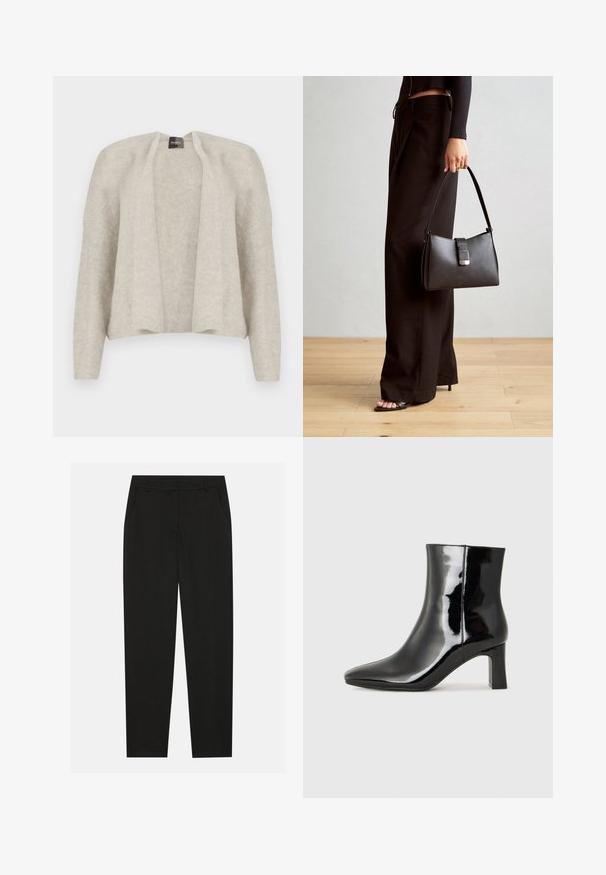 Šviesiai pilkas kardiganas su atviru priekiu, pagamintas iš minkštos, faktūrinės medžiagos. Turi ilgus rankovėmis ir laisvą siluetą. Neturi užsegimų.; Juodos kelnes su pritaikytu dizainu, turinčios šonines kišenes ir tiesią koją. Pagamintos iš lygaus, lengvo audinio su blizgiu paviršiumi.; Juodos lakuotos odinės aulinukės su smailiu pirštu ir vidutinio aukščio blokuotu kulnu. Lygus paviršius ir minimalistinis dizainas.; Juodas rankinė struktūrizuota forma, lygi tekstūra ir metalinis užsegimas. Suporuota su plačiomis juodomis kelnėmis ir atvirais bateliais ant medinių grindų.