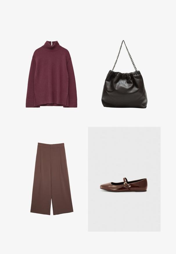 Burgunderfarbener Strickrollkragenpullover mit gerippten Bündchen und Saum, der einen hohen Kragen und einen asymmetrischen unteren Rand für zusätzlichen Textur bietet.; Braune Weite-Leg-Hosen mit einer glatten Textur, hoher Taille und Vorderfalten. Der Stoff ist leicht und fällt locker.; Braune Lackleder-Ballerinas mit quadratischer Zehenform und Riemen mit einer kleinen goldenen Schnalle. Glatte Textur, niedriger Absatz und minimalistisches Design.; Braune Lederhandtasche mit gerafftem Oberteil und Kettenriemen. Glatte Textur mit glänzendem Finish und subtilen Nahtdetails an den Seiten.