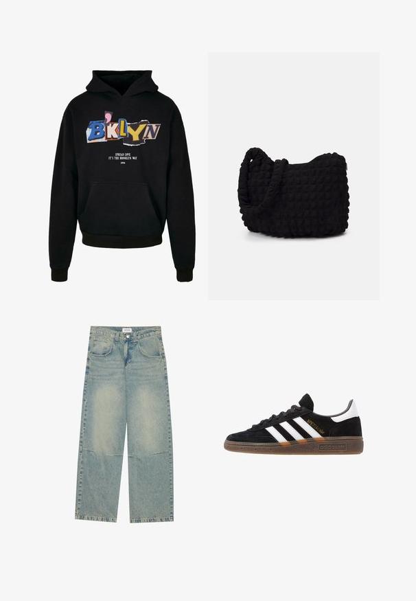 Mustaga kapuuts, millel on eesmine tasku, värvilise graafilise tekstiga "BKLYN" ja "Levita armastust, see on Brooklyni viis" valges, 1994.; Heledad helesinist tumesinist teksad, millel on kaks esist taskut, nupuga kinnitamine ja pleekinud pesu nähtava õmblusega.; Mustad must Adidas'i sneaker valgete triipudega, kuldse "Spezial" tekstiga, kummi tallaga ja valge kontsaga, kujutatud külgvaates.; Must mustkott, millel on tekstuuriga tikitud muster. Ümar kuju, lühikesed ja jämedad sangad ning pehme, paindlik struktuur.