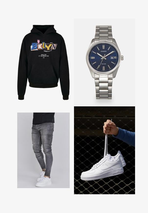 Hanorac negru cu buzunar frontal, având text grafic colorat "BKLYN" și "Spread Love, It's The Brooklyn Way" în alb, 1994.; Blugi skinny din denim gri estompat, cu detalii uzate la genunchi, asortați cu adidași albi. Textură netedă, design slim fit.; Adidași albaștri din piele cu perforații, vârf rotund, talpă plată și șireturi groase, cu un logo swoosh vizibil și cu inscripția "AIR" pe toc.; Ceas de mână din oțel inoxidabil argintiu cu un cadran albastru marin, marcaje orare metalice și o fereastră pentru dată la ora 3. Rezistent la apă până la 50 de metri.