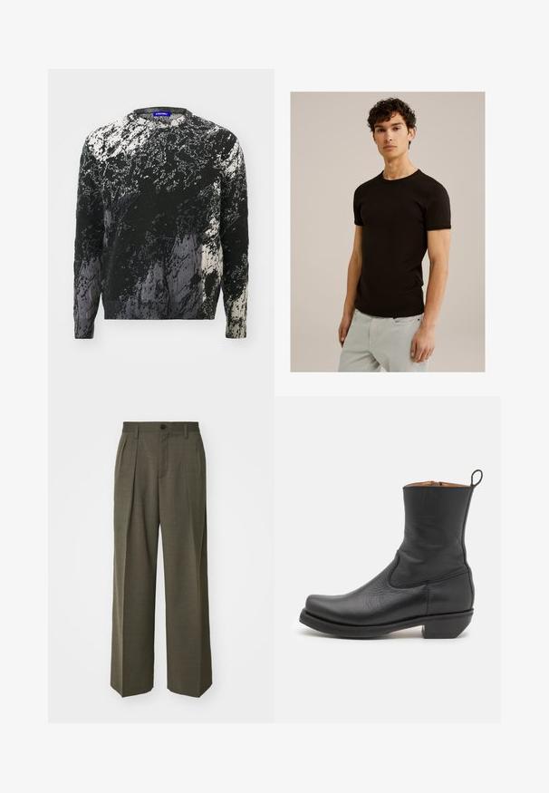 Sorte og hvide striktrøje med et tekstureret abstrakt mønster, rund halsudskæring og lange ærmer. Blødt materiale med varierede nuancer.; Sort kortærmet t-shirt med rund udskæring, lavet af et glat, strækbart stof. Pasformen er slim og designet til at sidde tæt til kroppen.; Filippa K WIDE TROUSERS - Bukser - driftwood; Sort læder ankelstøvle med en glat overflade, slank profil, sidesyning og en lav kvadratisk hæl. Har en løftestrop bagpå.