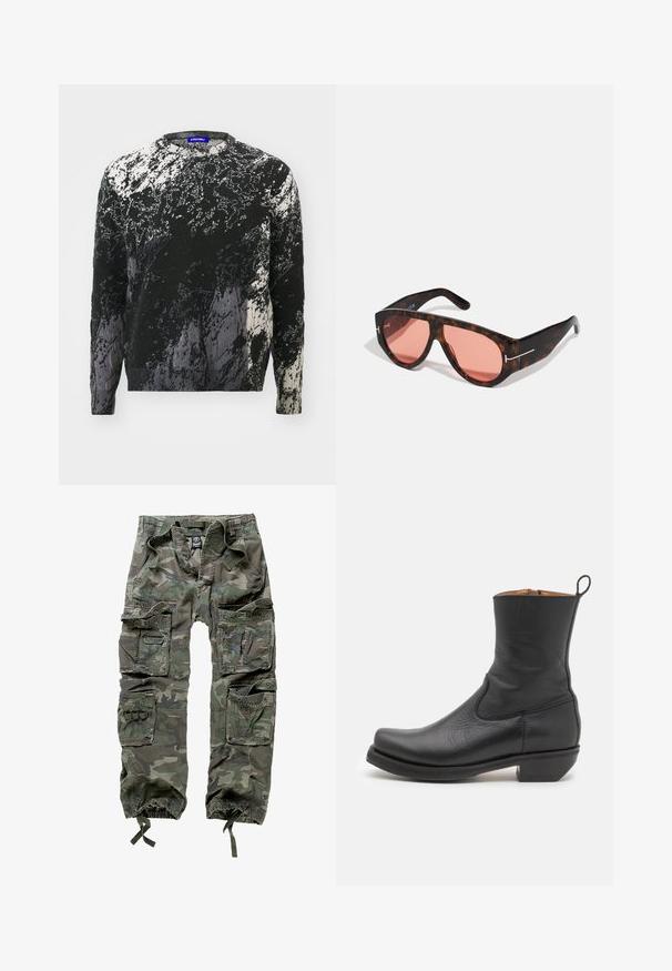 Pulover tricotat alb-negru, cu un model abstract texturat, guler rotund și mâneci lungi. Material moale cu tonuri variate.; Pantaloni cargo cu camuflaj, din bumbac, dotati cu multiple buzunare, manșete elastice și o croială lejeră, cu talie ajustabilă prin cordon.; Botină neagră din piele cu o textură netedă, profil subțire, cusături laterale și toc pătrat mic. Are o buclă de prindere în partea din spate.; Ochelari de soare din țestoasă cu lentile roz, având un design unghiular îndrăzneț și accente subțiri din metal argintiu pe rame.