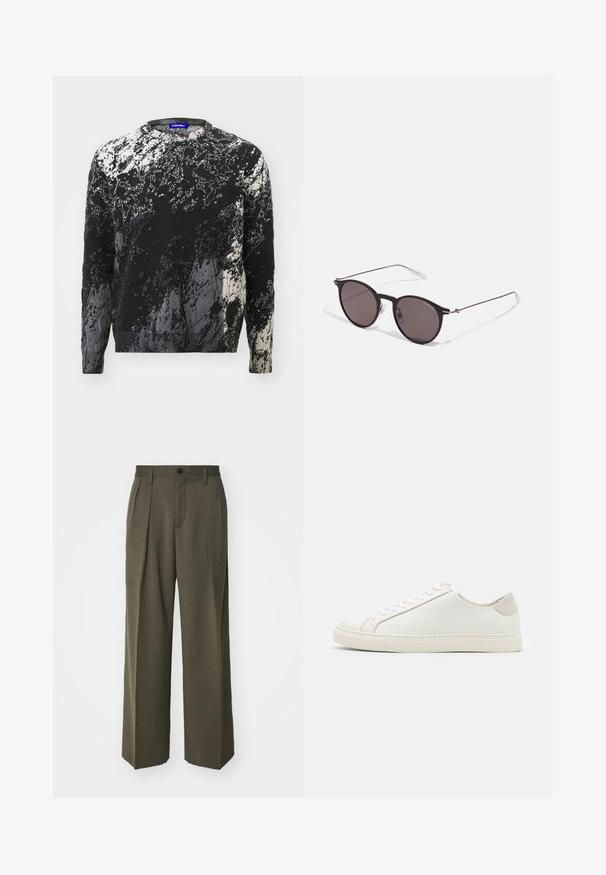 Pull en tricot noir et blanc avec un motif abstrait texturé, col rond et manches longues. Matériau doux avec des teintes variées.; Filippa K WIDE TROUSERS - Pantalon classique - driftwood; Baskets en cuir blanc avec une surface lisse, bout rond et design minimaliste. Présentent des accents beiges sur le talon et une semelle en caoutchouc.; Lunettes de soleil noires rondes avec verres sombres et branches en métal fines. Comprend des embouts transparents et des accents argentés au niveau de la charnière. Design minimaliste.