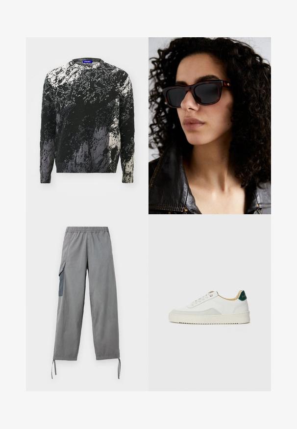 Fekete-fehér kötött pulóver, texturált absztrakt mintával, kerek nyakkivágással és hosszú ujjakkal. Puha anyag, változatos tónusokkal.; Szürke, könnyű anyagú cargo nadrág elasztikus derékrésszel, oldalsó zsebbel, állítható mandzsettával és sima textúrával.; Fehér sneaker suédé részletekkel, kerek orral, lapos fűzőkkel és krémszínű gumitalppal. Zöld logó található a sarkán.; Tortoise mintás napszemüveg sötét lencsékkel, téglalap alakú, arany díszítéssel a fülpántokon. Fekete bőrkabáttal viselve.