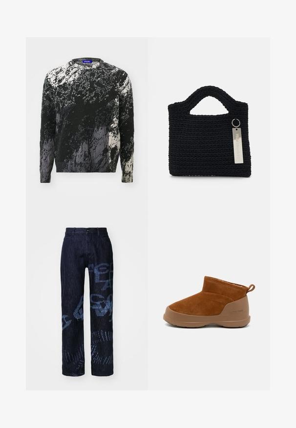 Schwarzer und weißer Strickpullover mit einem strukturierten, abstrakten Muster, Rundhalsausschnitt und langen Ärmeln. Weiches Material mit unterschiedlichen Farbtönen.; Dunkelblaue Jeans mit lockerer Passform, blauen grafischenMustern und einem Knopfverschluss. Der Stoff hat eine strukturierte Optik und gerade Beine.; Brauner Wildleder-Ankle-Boot mit einer braunen Gummisohle, der ein schlichtes Design, eine abgerundete Zehe und eine kleine Zuglasche auf der Rückseite aufweist.; Won Hundred MARSIELLE COMPUTER BAG UNISEX - Notebooktasche - black