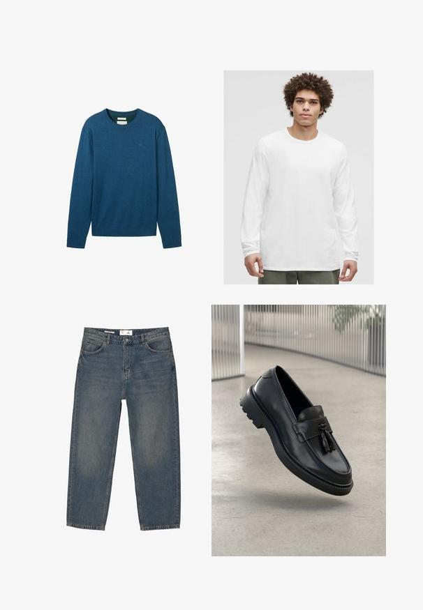 Blauwe lange mouwen crewneck trui van een zachte stof. Kenmerkt geribbelde boorden en zoom, met een subtiele geborduurde logo op de borst.; Witte lange mouwen t-shirt met een ronde hals, gemaakt van zacht materiaal, met een ontspannen pasvorm en zonder zichtbare logo's of patronen.; Blauwe spijkerbroek met een ruime pasvorm, met een klassieke vijf-pocketontwerp en minimale vervaging. Inclusief een knoopsluiting en riemlussen.; Zwarte leren loafers met een gladde afwerking, decoratieve kwast, dikke rubberen zool en gestikte accenten. Lichtgewicht en strak ontwerp.