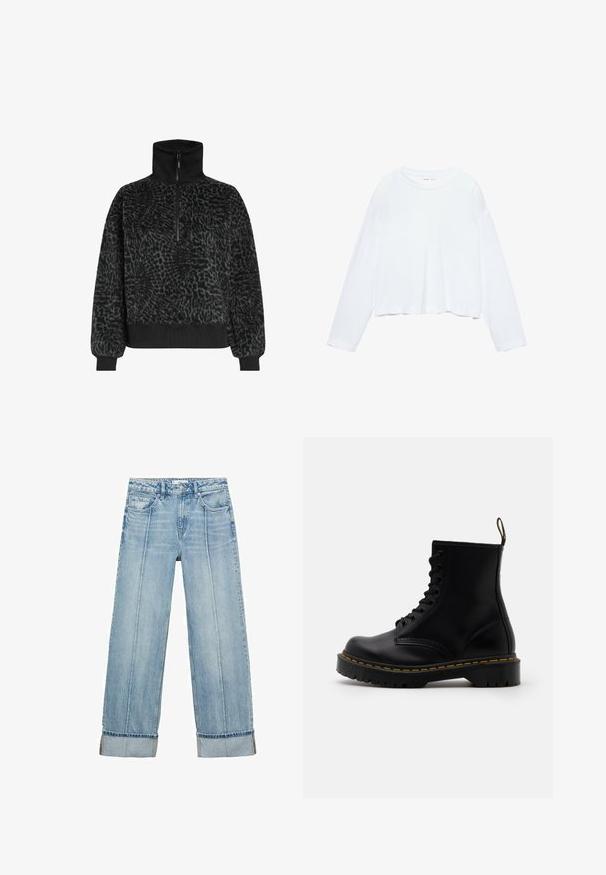 Musta kuitukangas fleece-pullovaihtoehto korkealla kauluksella ja puolihoollisella vetoketjulla, jossa on ribbikuteet hihansuissa ja helmassa tiiviin istuvuuden varmistamiseksi.; Pitkähihaisessa valkoisessa lyhyessä t-paidassa on pehmeä kangas, pyöreä kaula-aukko ja rento istuvuus tikkauksetulla hihalla. Yksinkertainen ja siisti muotoilu.; Vaaleansinisiä farkkuja, joissa on leveät lahkeet ja korkea vyötärö. Farkuissa on viisi taskua, näkyvää ompelua ja käännetyt lahkeensuut.; Mustat nahkaiset nilkkasaappaat, joissa on nauhaketjullinen etuosa, keltainen ympärystikkauksen, pyöreä varvas ja paksu, teksturoitu kumipohja.