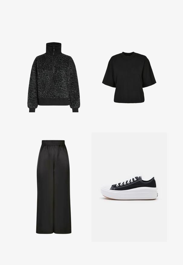 Sort tekstureret fleecepullover med høj krave og halv lynlås, der har ribbetrukne manchetter og kant for en tætsiddende pasform.; Sort cropped t-shirt lavet af bomuld. Har korte ærmer og rund halsudskæring. Glat tekstur med et enkelt design, ingen ekstra mønstre.; Sorte brede bukser lavet af glat, skinnende stof med elastisk talje og uden synlige lommer eller hardwaredetaljer.; Sorte kanvas sneakers med hvide snørebånd, hvid gummitåhætte og en kraftig hvid mellemsål. Har diskret hvid syning og en gummisål.