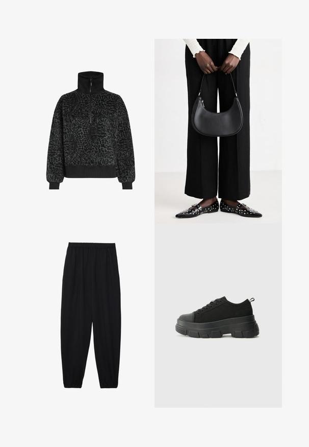 Sudadera de forro polar texturizado negro con cuello alto y media cremallera, que presenta puños y dobladillo acanalados para un ajuste ceñido.; Pantalones negros, ligeros, con cintura elástica y tobillos fruncidos. La tela es suave y presenta un diseño relajado y ajustado.; Zapatillas negras con suela de goma gruesa, parte superior de tela texturizada, punta redonda y diseño con cordones. Presenta ojales reforzados y tirador en la parte trasera.; Bolso de hombro de cuero negro con forma redondeada, acabado brillante y herrajes plateados. Persona vistiendo pantalones anchos negros y mocasines con tachuelas.