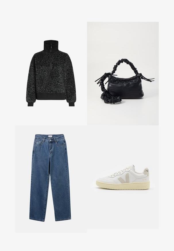 Melnas teksturētas šķiedras pusbrīdī ar augstu apkakli un pusi rāvējslēdzēju, ar ribu aprocēm un apakšmalu ciešai piegulšanai.; Klasiskie zili džinsi ar taisnu kāju dizainu, pieciem kabatām un pogu aizdari. Iezīmējas ar vidēju mazgāšanu un izturīgu tekstūru.; Baltas ādas sporta apavu pāris ar bēšiem zamša akcentiem, caurumiņu purngalā, plakanu šņorēšanu un teksturētu krēmkrāsas zoli. Iezīmējas ar diskrētu zīmolu uz papēža.; Melnā mākslīgās ādas rokassoma ar krokodila rakstu, savilkta augšdaļa un saburzīta siksna. Izskatās mīksta un kompakta pēc dizaina.