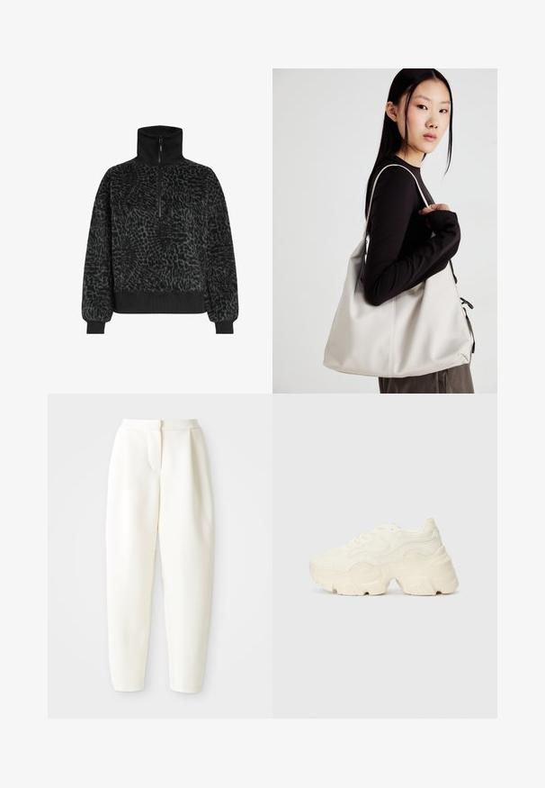 Crni flis pulover s teksturom s visokim ovratnikom i polu-zipom, koji ima rebraste manžete i rub za čvrsto pristajanje.; Bijele hlače visokog struka sužene kroja s skrivenim prednjim kopčanjem i bočnim džepovima, prikazane na jednostavnoj bijeloj pozadini.; Masivne bijele tenisice od teksturirane mreže i sintetičkih materijala, sa debelim potplatom i složenim uzorcima duž strana.; Bežna torba od mekog materijala s opuštenim dizajnom, šivanim detaljima i dva remena za rame. Pogodna za svakodnevnu upotrebu.