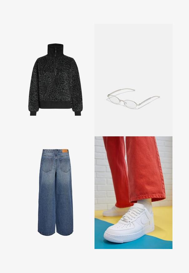 Black textured fleece pullover with a high collar and half-zip, featuring ribbed cuffs and hem for a snug fit.; Wide-leg denim culottes in medium blue wash with a faded texture, featuring two back pockets and a brown leather brand tag on the waistband.; White leather sneaker with perforated toe box, textured sole, and white laces, paired with wide red pants and a blue and yellow background.; Oval glasses with a metallic silver frame, clear lenses, and textured beaded temple accents. Lightweight design with curved arms.
