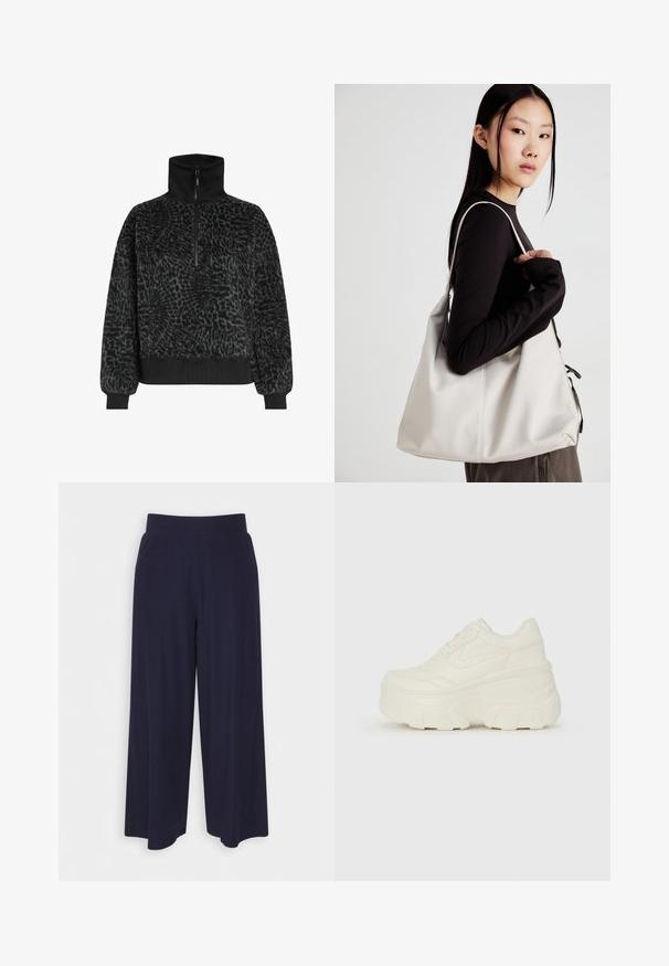 Must värviga fliispusa kõrge krae ja poolsiiliga, mis on varustatud soonikkraega ja hemiga, et tagada mugav istuvus.; Tumed põlvpüksid tumedast meresinisest kangast, millel on sooneline tekstuur. Omab sujuvat vööd ja voolavat siluetti, ulatudes pooleni säärest.; Valged platvormi tõusukingad, millel on siledast nahast meenutav pealis, ümar kuju, pehmendatud kaelus ja tekstureeritud kummitald koos selgete hüdrofoobsete mustritega.; Bež käekott pehme materjali, millel on lõtv disain, õmblustega detailid ja kaks õlarihma. Sobib igapäevaseks kasutamiseks.