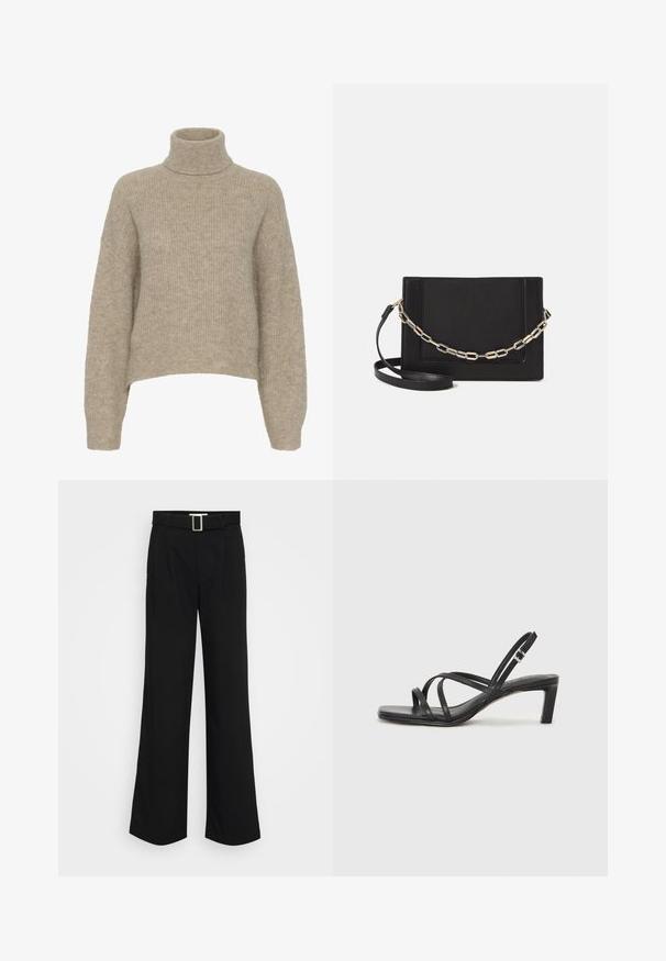 Maglione beige a collo alto in maglia con texture a costine, spalle cadenti e orlo corto. Materiale morbido e leggero.; Pantaloni neri a gamba larga realizzati in tessuto leggero, caratterizzati da una texture liscia, pieghe frontali e una cintura con fibbia metallica quadrata.; Sandalo nero con cinturini, dalla punta squadrata e tacco basso a blocco. Presenta diversi cinturini sottili e una cinturini regolabile alla caviglia. Realizzato in pelle liscia.; Borsa a tracolla nera in pelle con una texture liscia, forma rettangolare e dettaglio in catena metallica sul davanti. Inclusa una tracolla regolabile.