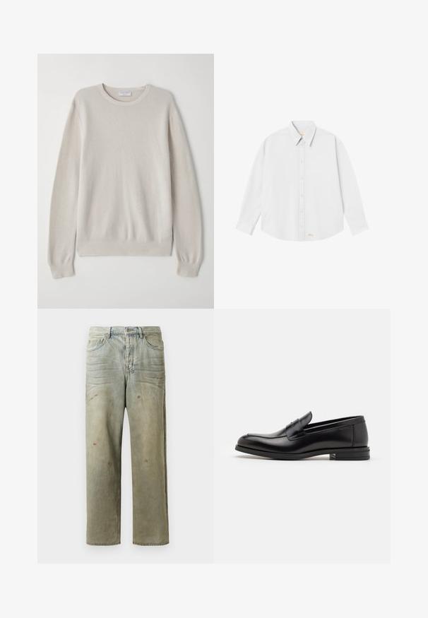 Lichtbeige trui van zacht breiwerk. Ronde halslijn, lange mouwen, ribgebreide manchetten en zoom met subtiele textuurdetails.; Witte blouse met een klassieke kraag, lange mouwen en een ronde zoom; heeft een klein oranje logo aan de onderkant aan de linkerkant.; Verweerde denim jeans in lichtgroen, met een rechte pijp, vijf-pocket ontwerp en ongelijkmatige vervaging met verfspatten.; Zwarte leren instappers met een gladde textuur, ronde neus en een decoratieve band over de wreef. Lage, gestapelde hak en minimalistisch ontwerp.