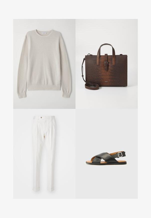Pulover bej deschis, realizat dintr-un material tricotat moale. Guler rotund, mâneci lungi, manșete și tiv cu detalii subtile de textură.; Pantaloni albi, croiți pe măsură, cu un front plat, două plii și manșete rulate. Realizați dintr-un material neted, cu închidere cu nasture la talie.; Sandale din piele neagră cu bretele încrucișate, vârful descoperit și curea pentru gleznă cu o cataramă metalică. Tălpică maro și talpă neagră. Design simplu.; Geantă din piele cu embosare în formă de crocodil, maro, cu mânere superioare și un curea de umăr detașabilă. Dispune de o închidere cu cataramă și o formă rectangulară.