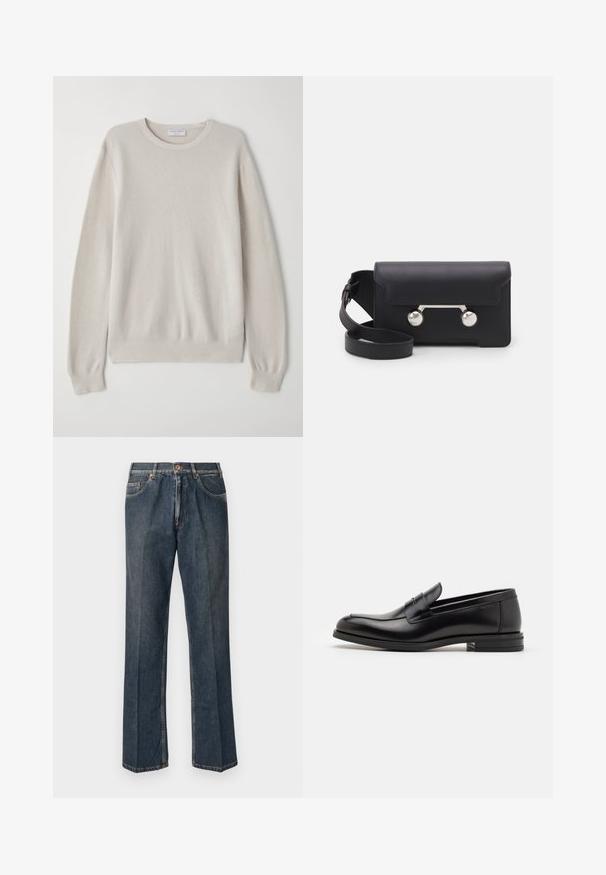 Light beige sweater made of soft knit fabric. Crew neckline, long sleeves, ribbed cuffs, and hem with subtle texture detail.; Dark blue straight-leg denim jeans with front button, zip fly, double front pockets, and visible vertical creases down the legs.; Black leather loafers with a smooth texture, rounded toe, and a decorative strap across the vamp. Low stacked heel, minimalist design.; Black leather crossbody bag with a flap closure, silver-tone hardware, and two round accents. Features a detachable strap. Smooth texture.