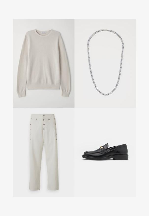Světlý béžový svetr vyrobený z měkkého pleteného materiálu. Kulatý výstřih, dlouhé rukávy, žebrované manžety a lem s jemnými texturovanými detaily.; Krémové kalhoty s rovného střihu, které mají dekorativní stříbrné knoflíkové detaily po obou stranách a hladkou texturu látky.; Černé kožené mokasíny s zaoblenou špičkou, vyznačující se zlatými kovovými detaily a prošíváním, umístěné na nízké, texturované gumové podrážce.; DARKAI TENNIS LONG UNISEX - Náhrdelník - silver-coloured