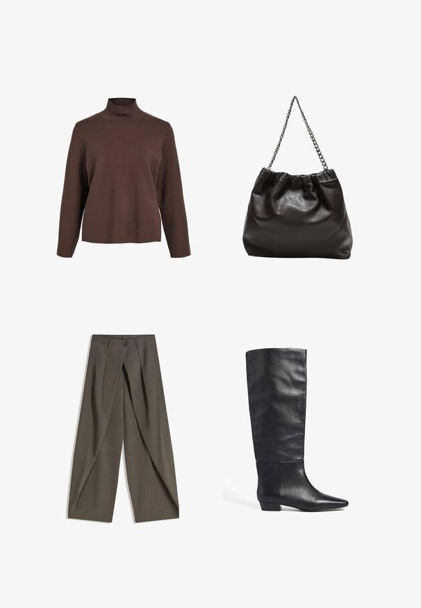 Object OBJREYNARD HIGH NECK - Jumper - java; Wide-leg trousers made of a textured, dark gray fabric. Features a front pleat, button closure, and side pockets for practicality.; Knee-high black leather boots with a pointed toe and low block heel. Smooth texture with subtle creases and a rounded upper opening.; Brown leather bag with a gathered top and a chain strap. Smooth texture with a glossy finish and subtle seam detailing on the sides.