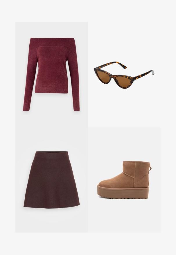 Burgundia õlgadele langev kudum pehmest, tekstuuriga kangast; sobiv süntaks ühe pika varruka ja laia soonikkoes kaelusega.; Burgundia lõngknitist seelik, millel on laiema lüliga disain, lai vöökoht ja sile tekstuur, millel on ühtlane värv ilma mustrite või aktsentideta.; Kohvatooni nubukist põlvikute saapad platvormsööl with ümmarguse varbaga ja õmblusteenustega; seljal on kinnitusling, mis tagab mugava jalga panemise.; Kassi vormiga prillid musta ja oranži kilpkonnakujulise raami, pruunide läätsede ja elegantsete teravate otstega. Templi juures on minimaalne logo.; Pruun nahast õlakott tekstuuritud viimistlusega, kõver kuju, kuldse tooni riistvara, reguleeritav rihm ja klappkinnitus.