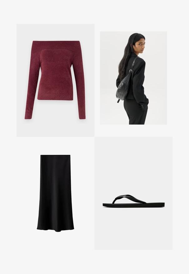 Bordeauxfarbener schulterfreier Pullover aus weichem, strukturiertem Material; figurbetonte Form mit einem langen Ärmel und einem breiten Rippkragen.; Schwarze Midischürze aus glattem, leichtem Stoff. Sie hat einen geraden Schnitt, keine sichtbaren Beschläge und ein schlichtes Design ohne Muster.; Schwarze Gummi-Flip-Flop-Sandale mit einem strukturierten Riemen und einfacher flacher Sohle, von der Seite auf einem schlichten hellen Hintergrund dargestellt.; Frau mit langen dunklen Haaren, die einen schwarzen Anzug trägt und eine schwarze Lederschultertasche hält, schaut über ihre Schulter vor einem weißen Hintergrund.
