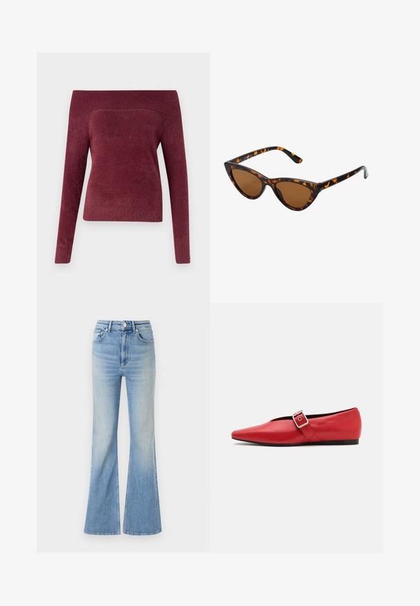 Pull bordeaux à épaules dénudées en tissu doux et texturé ; coupe ajustée avec une longue manche et un large col à côtes.; Jean évasé bleu clair en denim, doté d'une taille haute, d'un design à cinq poches et d'un dégradé subtil vers l'ourlet.; Ballerine en cuir rouge avec une pointe pointue, comportant une lanière sur le côté avec une boucle en métal et un petit talon noir. Texture lisse sur l'ensemble.; Lunettes de soleil style œil de chat avec une monture en écaille de tortue noire et orange, verres marron et pointes effilées et élégantes. Présente un logo minimaliste sur la branche.; Pochette en cuir noir avec un rabat et un détail en boucle en métal doré. Inclut une sangle noire et un design épuré et minimaliste.; Boucles d'oreilles en argent en forme de créoles avec un design torsadé, dotées d'une finition polie et d'une fermeture à poussoir. Mesurent environ 3 cm de diamètre.