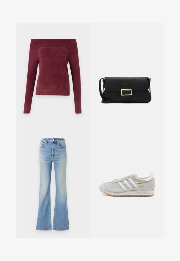 Bordeauxfarbener schulterfreier Pullover aus weichem, strukturiertem Material; figurbetonte Form mit einem langen Ärmel und einem breiten Rippkragen.; Helle blaue Schlagjeans aus Denim mit hoher Taille, fünf Taschen und subtilem Farbverlauf bis zum Saum.; Hellgraue Sneaker aus Wildleder und Mesh, mit drei weißen Streifen, runder Zehenpartie und einer Sohle aus Gummi. Goldenes Logo-Detail nahe der Schnürsenkel.; Schwarze Leder-Clutch mit Klappe und goldfarbenem Metallschnallen-Detail. Enthält einen schwarzen Riemen und ein schlankes, minimalistisches Design.