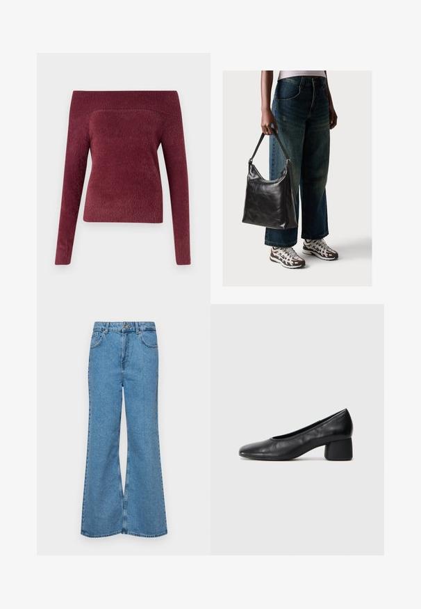 Pull bordeaux à épaules dénudées en tissu doux et texturé ; coupe ajustée avec une longue manche et un large col à côtes.; Jean flare bleu clair en denim, avec une taille haute, cinq poches et une fermeture à un bouton. Texture douce avec une finition décolorée.; Escarpin en cuir noir avec un bout rond et un talon bloc moyen. Texture lisse avec un minimum de détails, présentant une ouverture élastique discrète.; Sac à bandoulière en cuir noir avec une texture lisse et une bandoulière réglable, associé à un jean ample décoloré et des baskets de sport.