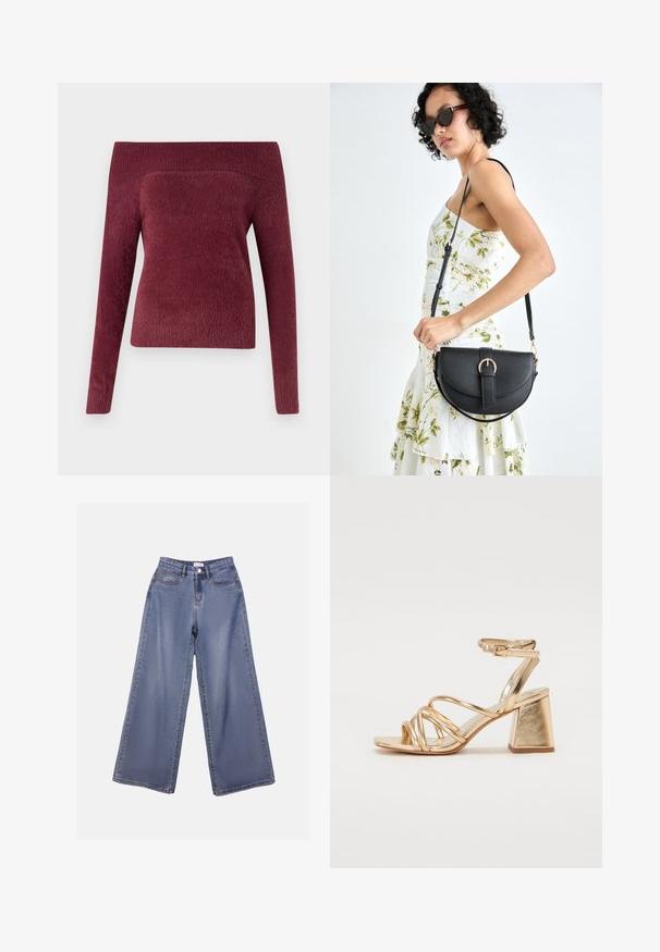 Burgundská svetrová halenka mimo ramena z měkké texturované tkaniny; obepnutý střih s jedním dlouhým rukávem a širokým žebrovaným výstřihem.; Džínové kalhoty s širokými nohavicemi v světle modrém odstínu, s vysokým pasem, předními kapsami a zapínáním na knoflík s poutky na pásek.; Zlaté metalické sandály na podpatku s páskovým designem, čtvercovým blokovým podpatkem a nastavitelným kotníkovým popruhem se sponou. Hladký povrch.; Černá kožená kabelka s křivkovým tvarem, odnímatelným popruhem a zlatými detaily. Kabelka má klopu s přezkou.