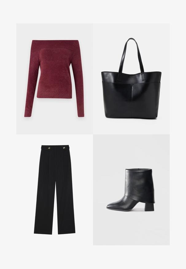 Bordeauxfarbener schulterfreier Pullover aus weichem, strukturiertem Material; figurbetonte Form mit einem langen Ärmel und einem breiten Rippkragen.; Schwarze weite Hosen mit hoher Taille, Knopfdetails am Bund und vorderen Falten.; Schwarze Lederstiefelette mit spitzer Zehenform, glatter Oberfläche und strukturiertem Blockabsatz. Mit einem hohen, gefalteten Schaftdesign.; Schwarze Leder-Shopper-Tasche mit zwei langen Griffen, einer glatten Textur und einer strukturierten Form. Verfügt über eine Vordertasche für zusätzlichen Stauraum.