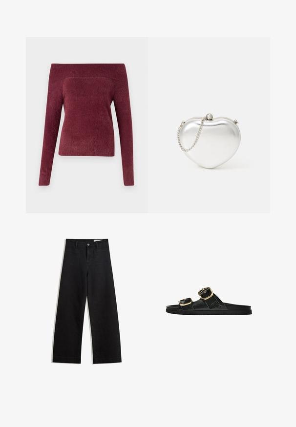 Bordeauxfarbener schulterfreier Pullover aus weichem, strukturiertem Material; figurbetonte Form mit einem langen Ärmel und einem breiten Rippkragen.; Schwarze weit geschnittene Jeans mit hoher Taille, ausgestattet mit Vorder- und Hintertaschen, gesteppten Nähten und einem Knopfverschluss. Glatte Textur.; Schwarze Riemensandale mit zwei goldenen Schnallendetails, glattem Material, flachem Sohlen und minimalistischer Gestaltung.; Herzförmige metallische silberne Clutch-Tasche mit glatter Textur, Druckverschluss und einem silbernen Kettenriemen.