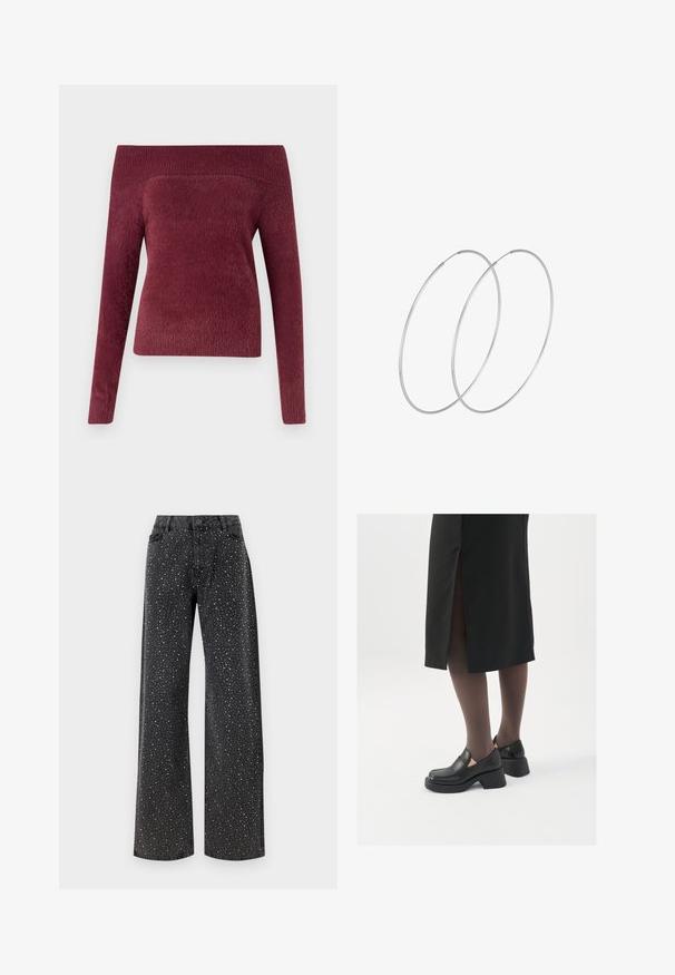 Bordeauxfarbener schulterfreier Pullover aus weichem, strukturiertem Material; figurbetonte Form mit einem langen Ärmel und einem breiten Rippkragen.; Noisy May NMJANNEL LOOSE - Jeans Relaxed Fit - black denim; Schwarze Lederschuhe mit abgerundetem Zeh, dicker Blockabsatz und elastischen seitlichen Akzenten, kombiniert mit dunklen Strumpfhosen und einem schwarzen Rock mit Schlitz.; Silberne Creolen mit minimalistischem Design. Rundform, glatte Oberfläche und dünnes Profil. Leichtgewichtig mit hochglänzender Oberfläche.