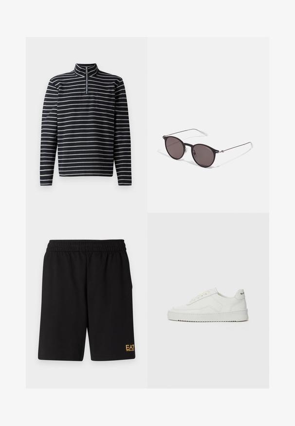 Pulover cu mânecă lungă în dungi bleumarin și gri, cu guler cu fermoar până la jumătate și un buzunar pe piept, fabricat dintr-un material texturat.; Shorts atletici negri dintr-un material moale, având o talie elastică și un mic logo galben EA7 pe partea inferioară a piciorului stâng.; Sneakers din piele albă cu un finisaj neted, vârf rotund, șireturi plate și o talpă texturată. Prezintă un logo subtil pe călcâi.; Ochelari de soare negri rotunzi cu lentile întunecate și brațe metalice subțiri. Include vârfuri transparente pentru brate și accente argintii la balama. Design minimalist.