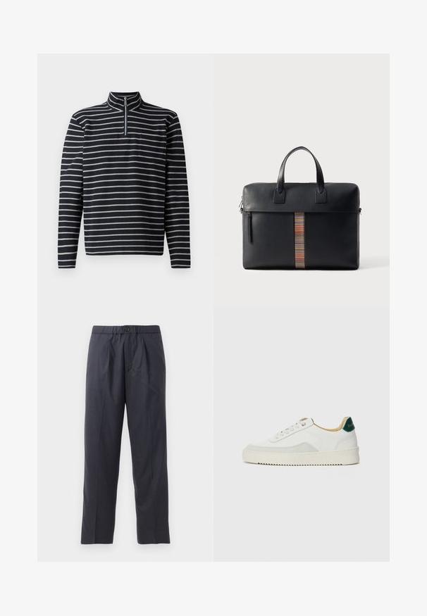 Námornícky a šedý pruhovaný pulóver s dlhými rukávmi, polozipsovým golierom a náprsné vrecko, vyrobený z textúrovaného materiálu.; Tmavomodré nohavice vyrobené z mäkkej tkaniny s plisovaným predným dizajnom a elastickým pásom. Obsahujú zapínanie na gombík a strih s priamymi nohavicami.; Biele tenisky s semišovými akcentmi, zaoblenou špičkou, plochými šnúrkami a krémovou gumovou podrážkou. Na päte sú zelené značky.; Paul Smith BAG FOLIO UNISEX - Kufrík - black