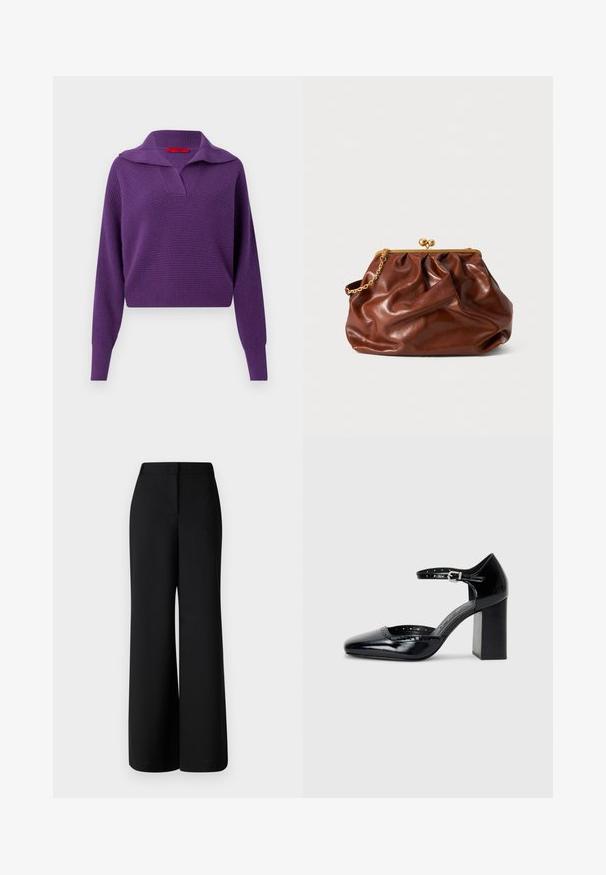 Lila kötött pulóver széles gallérral, V-kivágással és hosszú ujjakkal. Texturált anyag, rövidített hossz, díszítő piros belső címkével.; MAX&Co. BRIVIDO - Nadrágok - schwarz; Fekete patent bőr, magas sarkú cipők négyzetes orral, bokapánttal és vastag sarkal. A szélén lyukacsos díszítéssel.; Barna bőr klutcs táska arany csattal és rövid arany lánckarral, puha, összegyűrt textúrával, fehér háttér előtt.